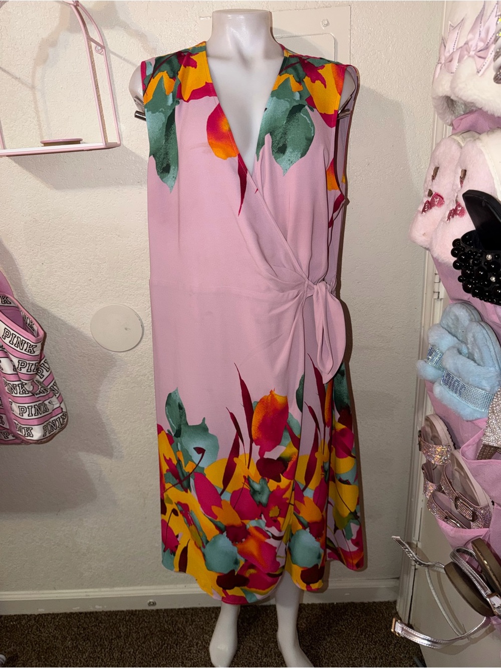 Pink Floral Tie-Waist Midi Dress xl